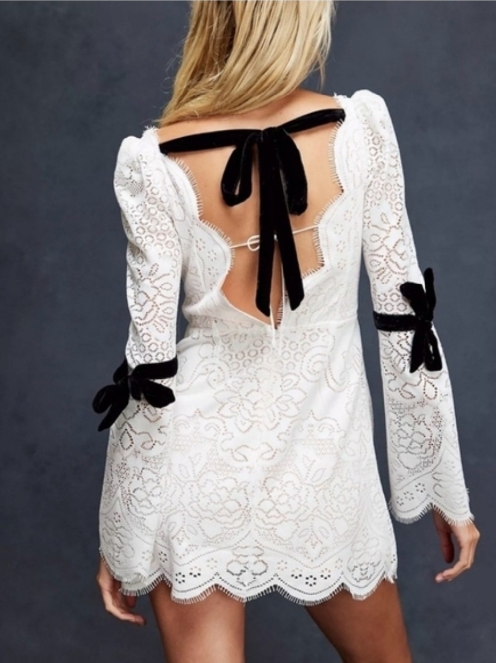 For Love & Lemons White Eyelet Lace Backless Mini Dress with Black Velvet Bows